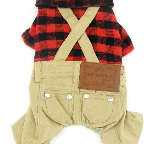SMALLLEE_LUCKY_STORE Pet Clothes for Small Dog Cat Red Plaid Shirts Sweater with Khaki Overalls Pants Jumpsuit Outfits L