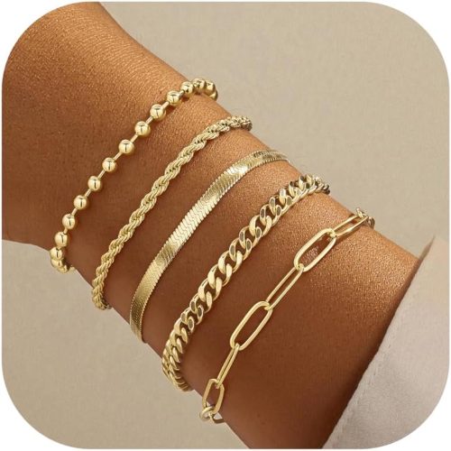 Gold Bracelets for Women,Dainty Bracelets Set for Women Trendy, Gold Bracelets Stack With Beaded, Cuban, Paperclip, Heart, Snake, Rope, Pearl, Cross, Hand Chain, Silver Jewelry Gifts for Women Christmas