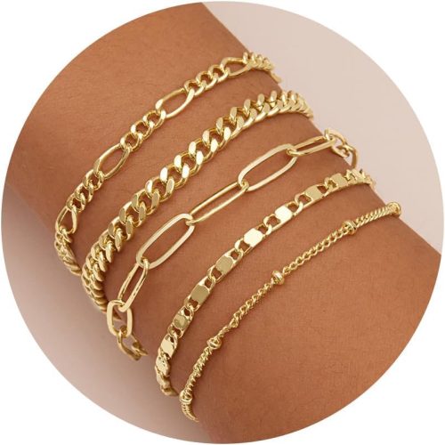 Gold Bracelets for Women Trendy,14K Real Gold Plated Dainty Stackable Paperclip Cuban Link Chain Bracelets, Gold Cuff Bracelets Jewelry Gifts Adjustable 7″+2″