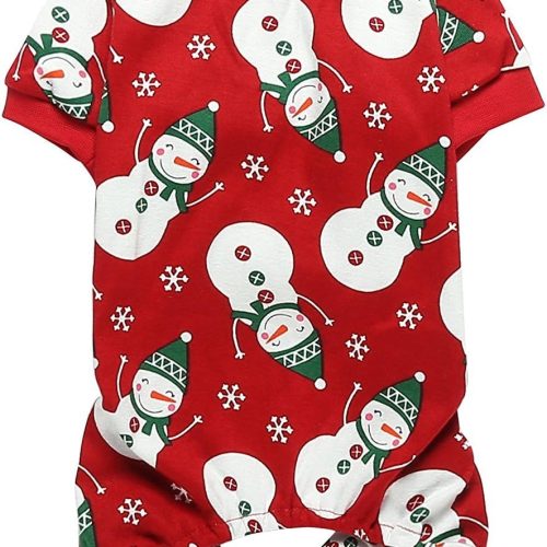 Lanyarco Cute Snowman Christmas Dog Pajamas, Soft Cotton Xmas Christmas Pajamas for Dogs Holiday Pet Clothes Onesie PJS, Red Medium Back Length 16″