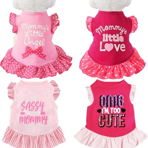 XPUDAC 4 Pieces Pet Dog Dress Dog Clothes Girl Puppy Shirt Yorkie Clothes Cute Doggie Dress Dog Apparel for Small Dogs and Cats (Pink Angel, Small(4.5-8lbs))