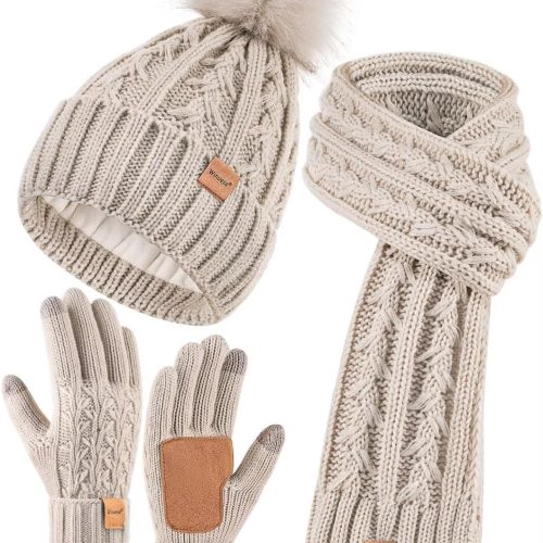 Womens Beanie Hat Scarf Gloves Set, Fleece Lined Winter Hat with Pom Pom, Long Knit Scarf Touchscreen Gloves for Cold Weather