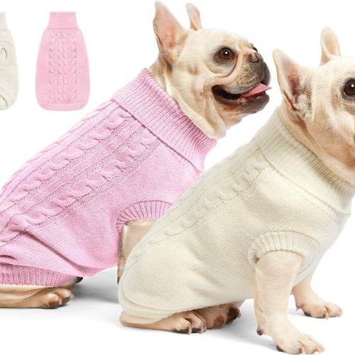 2 Pack Dog Sweaters for Small Dogs – Puppy Medium Warm Clothes in Winter, Turtleneck Pullover Design for Boy Girl Pet, Doggie, Cat, Kitten Chihuahua Bulldog Pug Beagles (M, Pink, Beige)