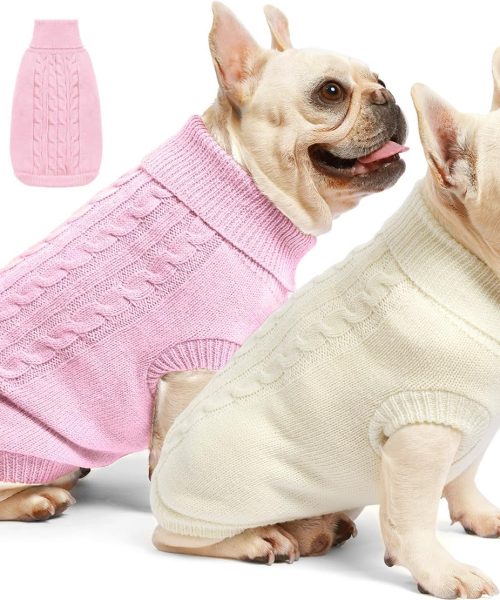 2 Pack Dog Sweaters for Small Dogs – Puppy Medium Warm Clothes in Winter, Turtleneck Pullover Design for Boy Girl Pet, Doggie, Cat, Kitten Chihuahua Bulldog Pug Beagles (M, Pink, Beige)