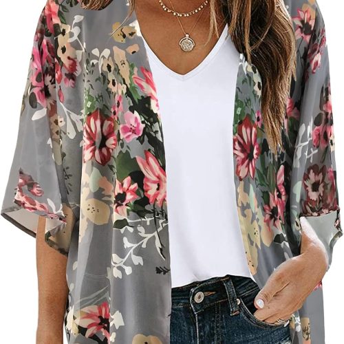 Women’s Floral Print Puff Sleeve Kimono Cardigan Loose Cover Up Casual Blouse Tops