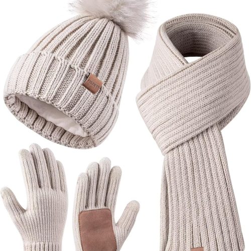 Winter Beanie Hat Scarf Gloves Set for Women, Womens Beanie with Pom Pom Long Scarf Neck Warmer Touchscreen Gloves 3 in 1 Set