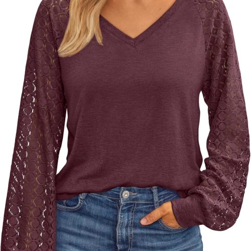 AUTOMET Womens Long Sleeve Shirts V-Neck Lace Tops Business Casual Blouses Tee Trendy 2025 Fall Fashion Outfits Clothes
